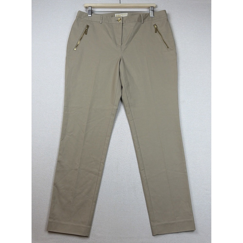 MICHAEL Michael Kors Chino Pants Womens Size 12 Tan Gold Zipper Pockets Stretch